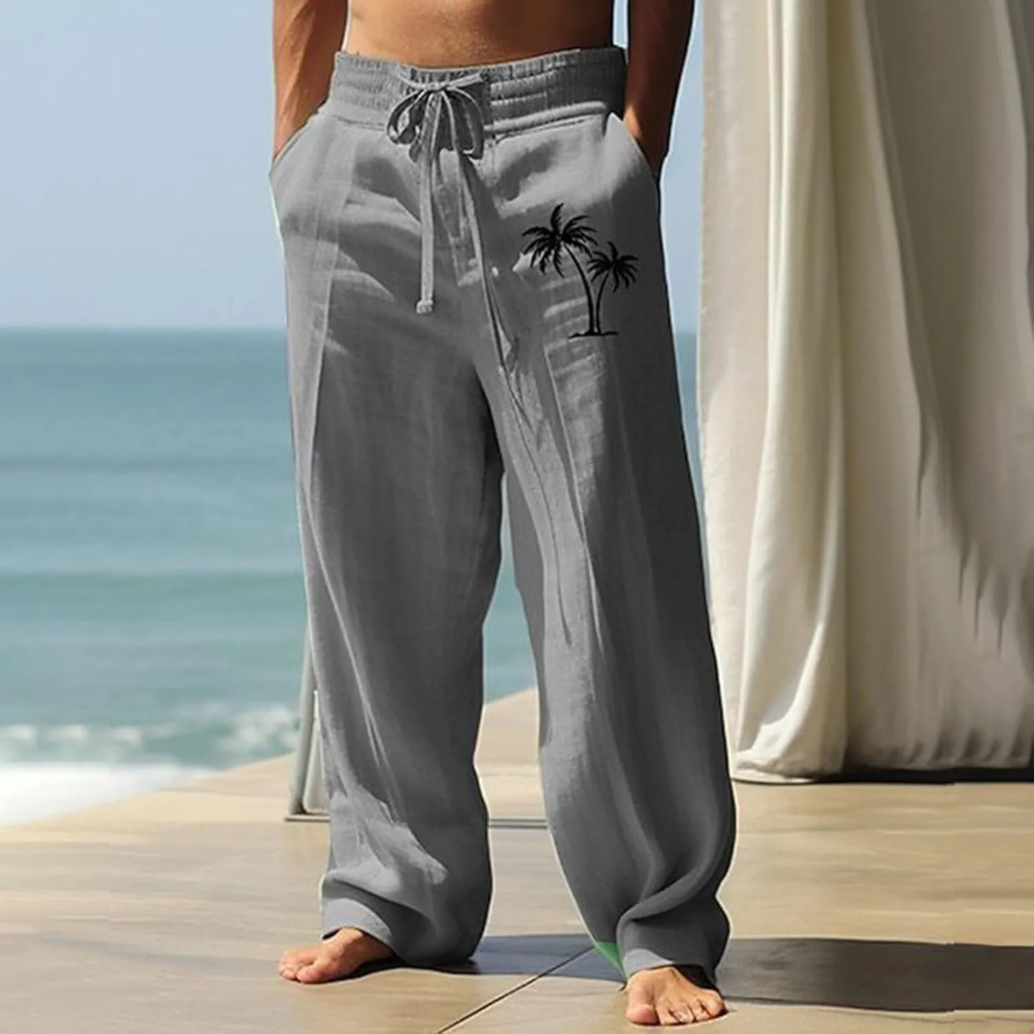 Mens Baggy Linen Hawaiian Yoga Trousers Elastic Waist Summer Wide Leg Beach Pants Lightweight Bohemian Gaucho Pants
