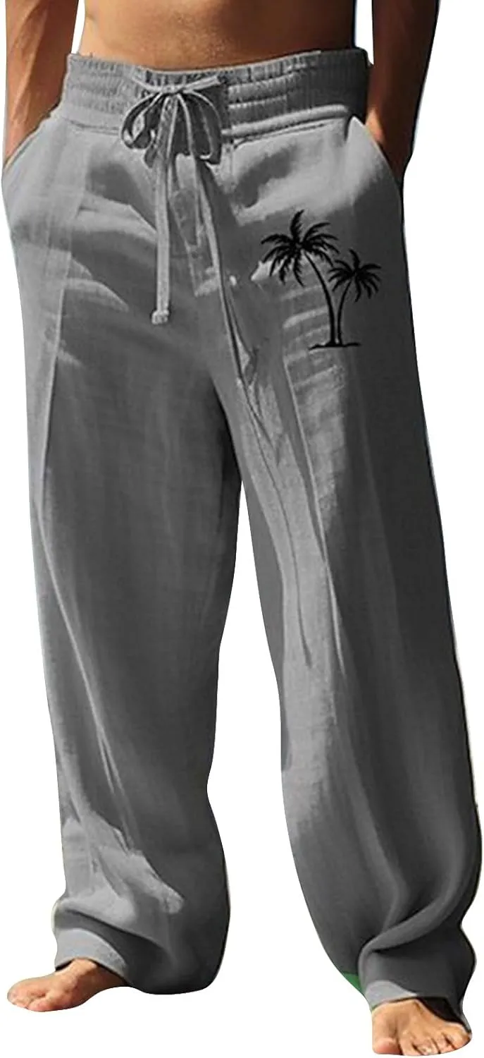 Mens Baggy Linen Hawaiian Yoga Trousers Elastic Waist Summer Wide Leg Beach Pants Lightweight Bohemian Gaucho Pants