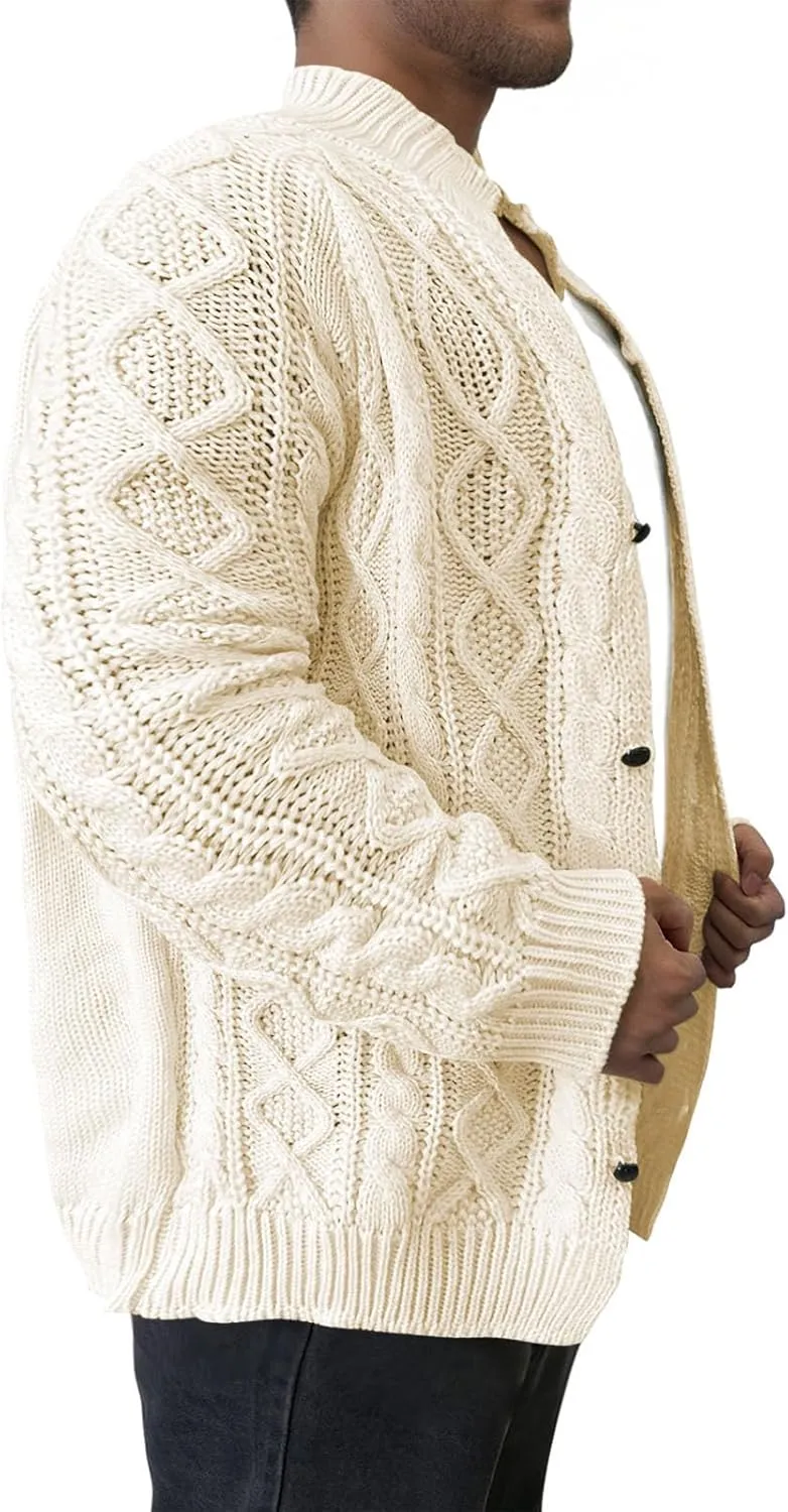 Mens Cable Cardigan Sweater Big and Tall Knit Sweater Winter Sweater Jacket Button Down Open Front Sweater