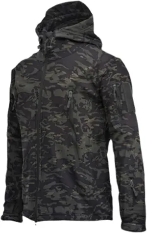 Mens Camouflage Rain Jacket Outdoor Softshell Fleece Lined Hunting Hiking Fishing Waterproof Windbreaker Hooded Jacket