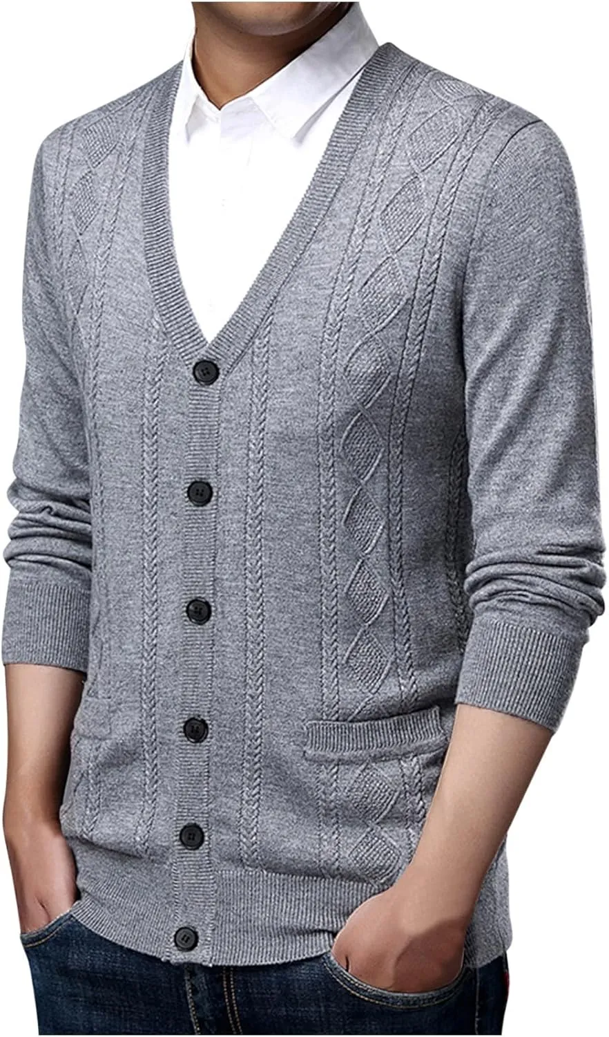 Mens Cardigan Sweater V Neck Long Sleeve Sweater Button Down Cardigan Sweater Lightweight Sweater Jacket with Pockets