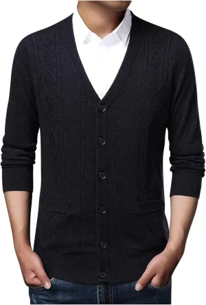 Mens Cardigan Sweater V Neck Long Sleeve Sweater Button Down Cardigan Sweater Lightweight Sweater Jacket with Pockets