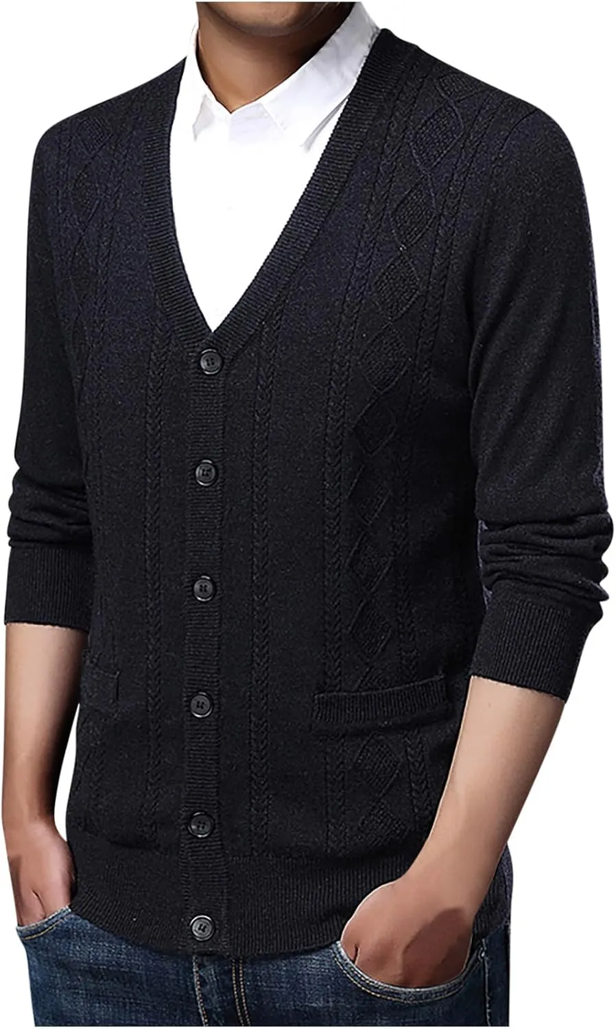 Mens Cardigan Sweater V Neck Long Sleeve Sweater Button Down Cardigan Sweater Lightweight Sweater Jacket with Pockets