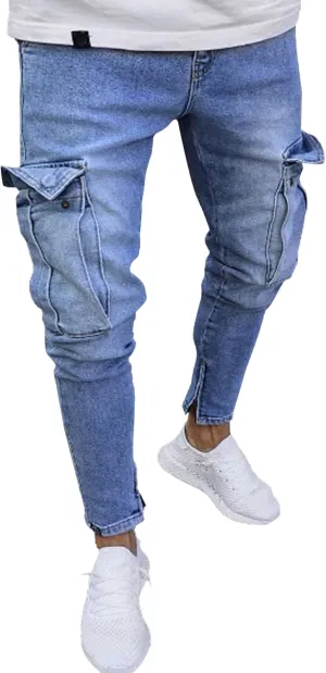 Mens Cargo Multi Pocket Denim Pants Slim Fit Casual Workout Jeans Biker Moto Washed Straight Jean