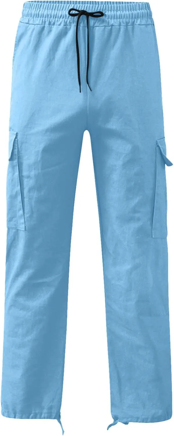 Men's Cargo Pants Casual Sport Jogger Pants Straight Leg Solid Sweatpants Outdoor Drawstring Trousers with Pockets