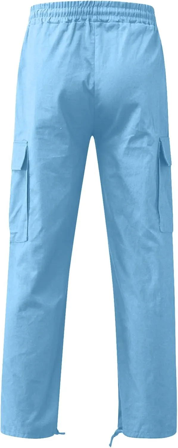 Men's Cargo Pants Casual Sport Jogger Pants Straight Leg Solid Sweatpants Outdoor Drawstring Trousers with Pockets