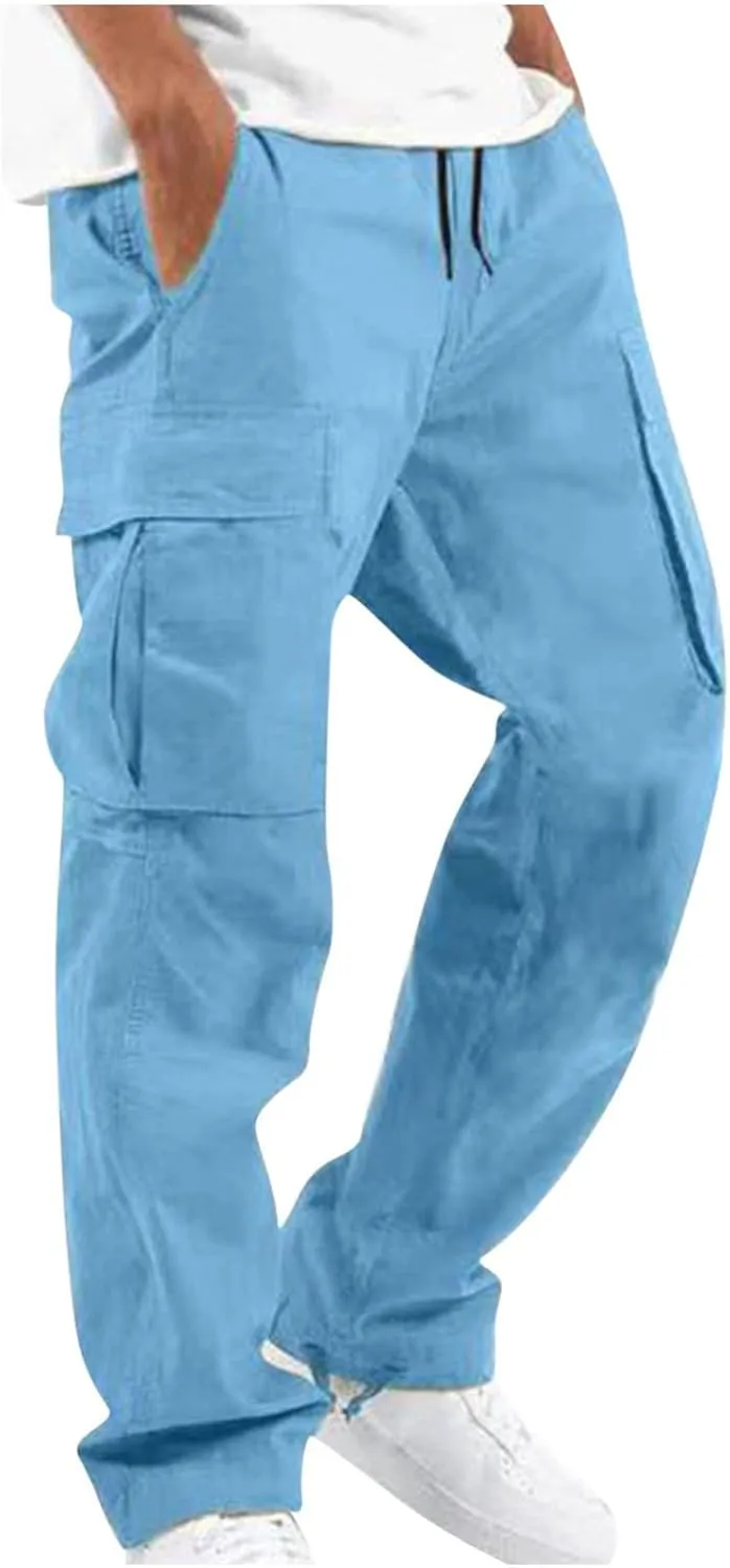 Men's Cargo Pants Casual Sport Jogger Pants Straight Leg Solid Sweatpants Outdoor Drawstring Trousers with Pockets