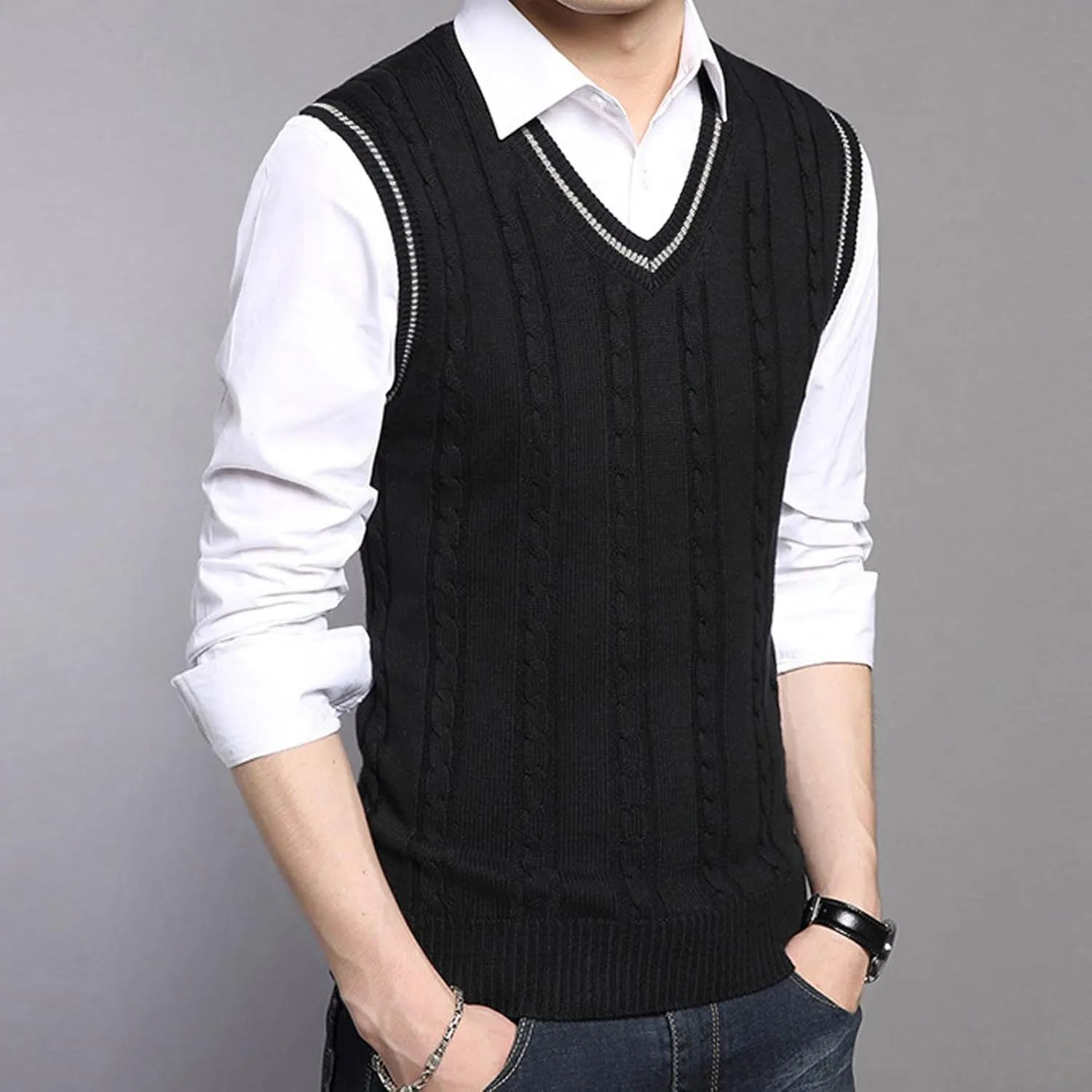 Mens Cashmere Wool Blend Relaxed Fit Vest Knit V-Neck Sweater Casual Knitted Cotton V-Neck Vest Pullover Tops Blouse