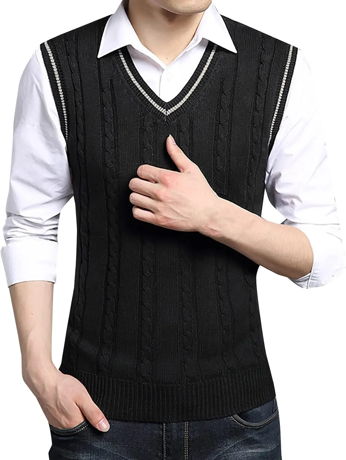 Mens Cashmere Wool Blend Relaxed Fit Vest Knit V-Neck Sweater Casual Knitted Cotton V-Neck Vest Pullover Tops Blouse