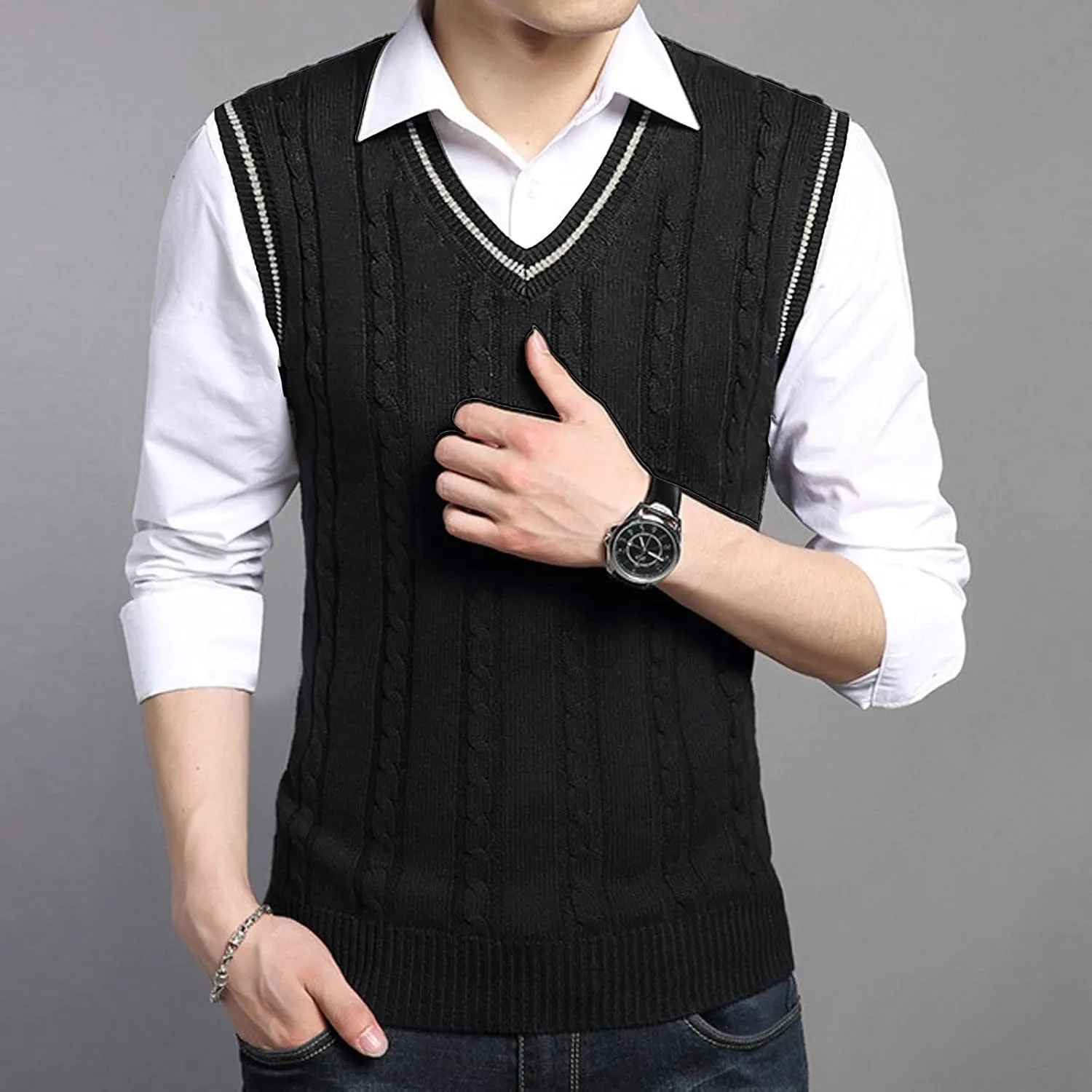 Mens Cashmere Wool Blend Relaxed Fit Vest Knit V-Neck Sweater Casual Knitted Cotton V-Neck Vest Pullover Tops Blouse