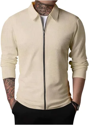Mens Casual Cardigan Sweaters Lapel Collar Solid Color Long Sleeve Jackets Full Zipper Closure Button Up Pullover Top Shirts