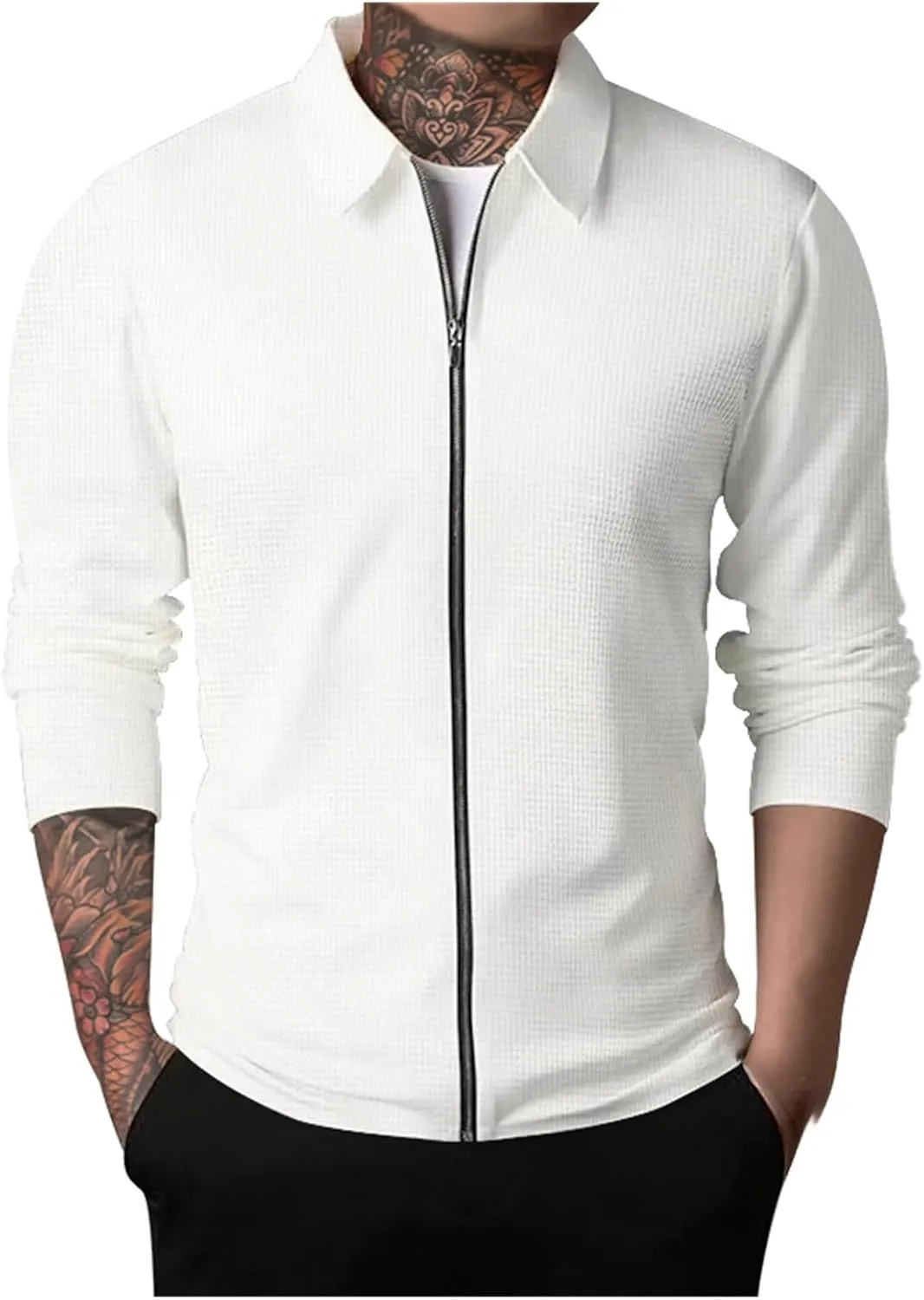 Mens Casual Cardigan Sweaters Lapel Collar Solid Color Long Sleeve Jackets Full Zipper Closure Button Up Pullover Top Shirts