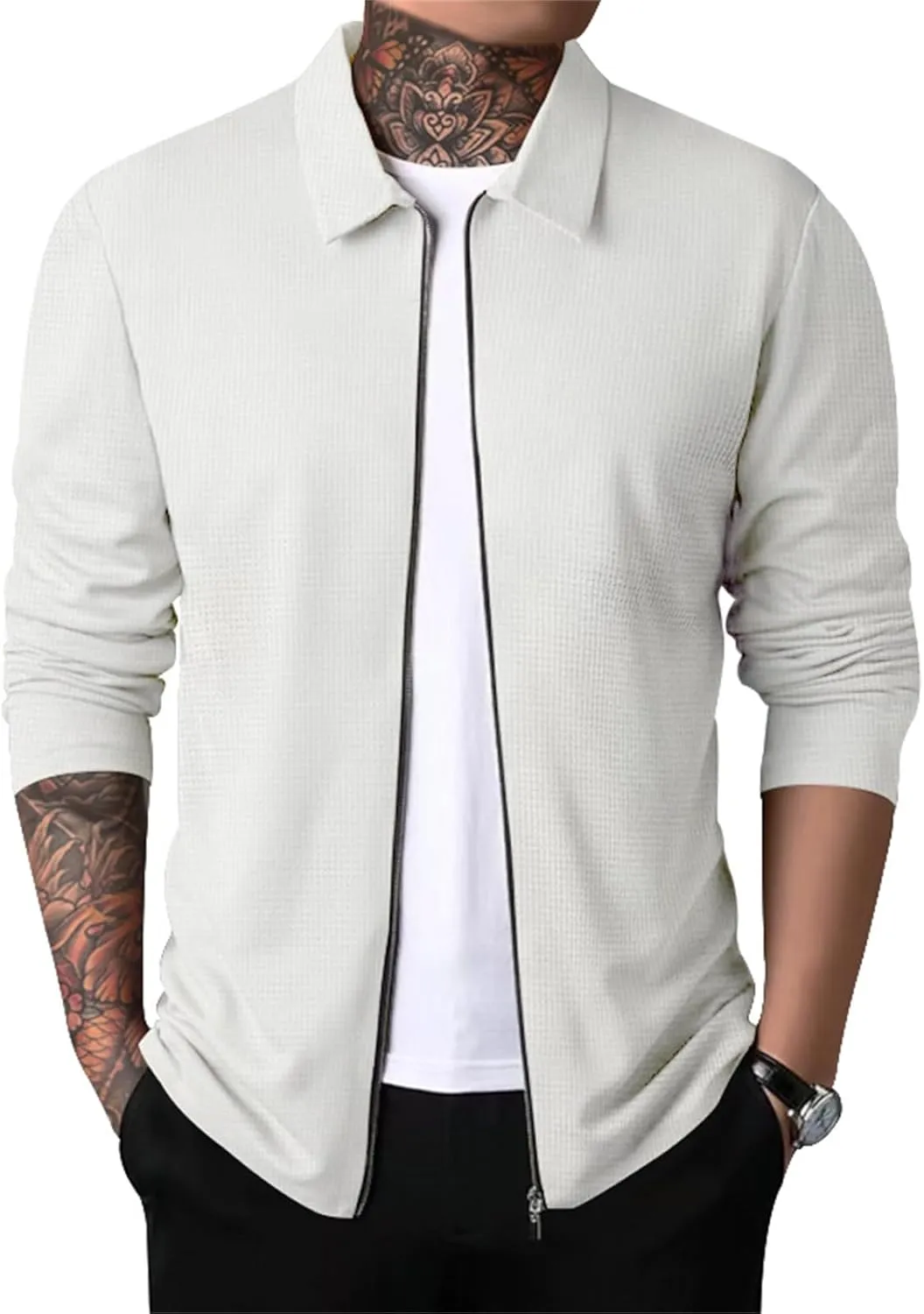Mens Casual Cardigan Sweaters Lapel Collar Solid Color Long Sleeve Jackets Full Zipper Closure Button Up Pullover Top Shirts