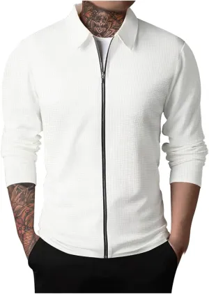 Mens Casual Cardigan Sweaters Lapel Collar Solid Color Long Sleeve Jackets Full Zipper Closure Button Up Pullover Top Shirts