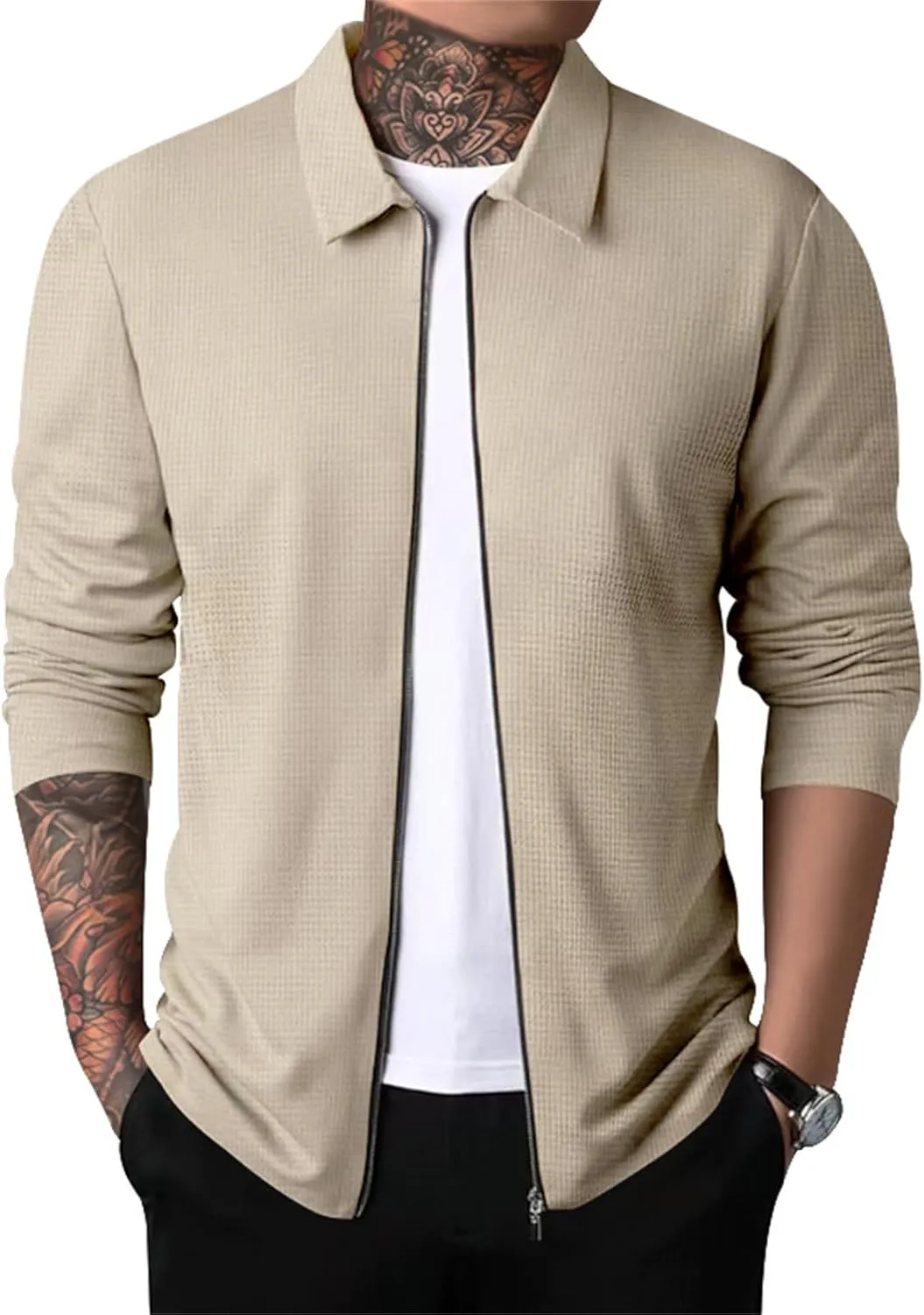 Mens Casual Cardigan Sweaters Lapel Collar Solid Color Long Sleeve Jackets Full Zipper Closure Button Up Pullover Top Shirts