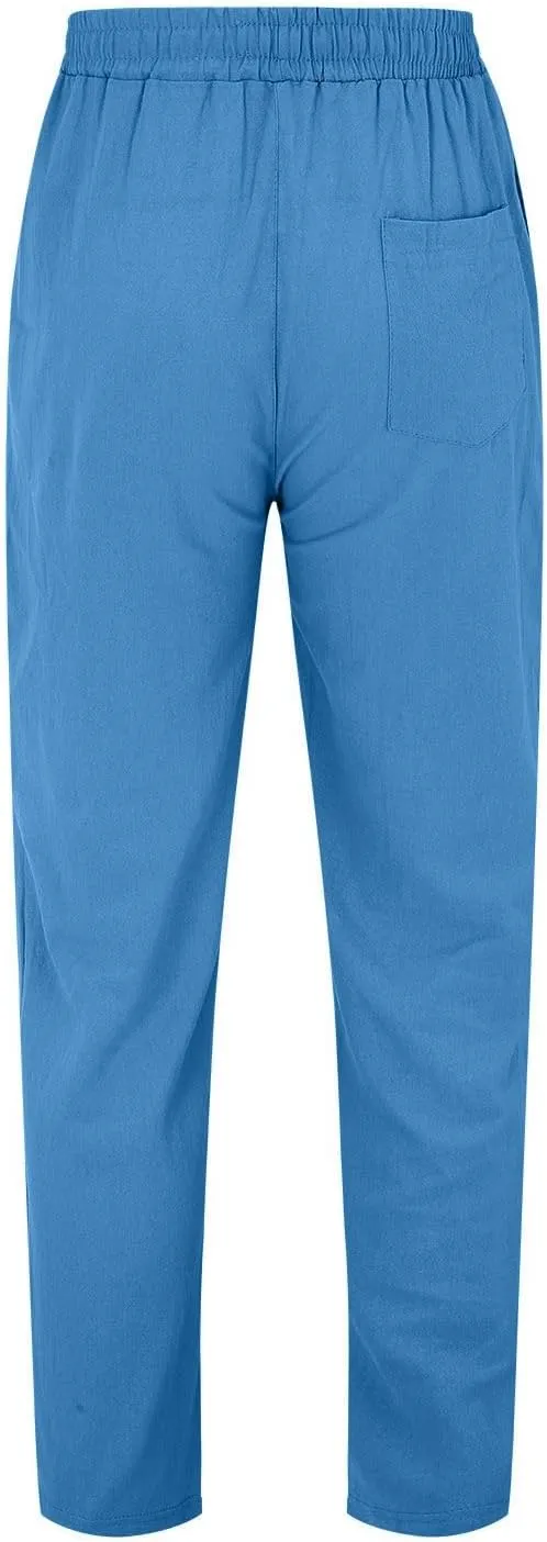 Mens Casual Cotton Linen Pants, Loose Fit Elastic Drawstring Waist Straight-Legs Summer Yoga Beach Long Pants