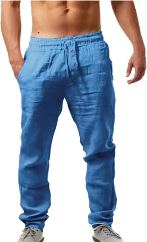 Mens Casual Cotton Linen Pants, Loose Fit Elastic Drawstring Waist Straight-Legs Summer Yoga Beach Long Pants