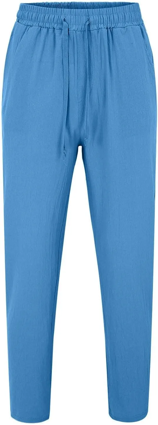 Mens Casual Cotton Linen Pants, Loose Fit Elastic Drawstring Waist Straight-Legs Summer Yoga Beach Long Pants