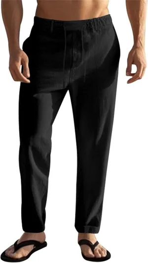 Mens Casual Linen Pants Lightweight Elastic Waist Vacation Yoga Pant Straight-Legs Beach Slacks Drawstring Trouser