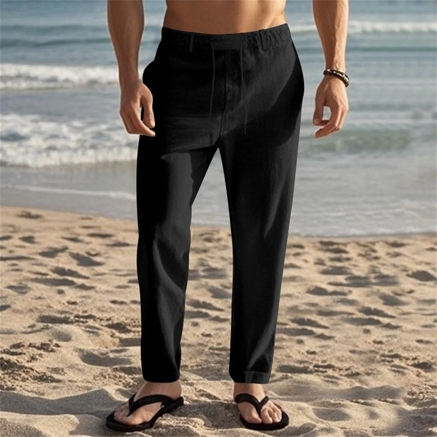 Mens Casual Linen Pants Lightweight Elastic Waist Vacation Yoga Pant Straight-Legs Beach Slacks Drawstring Trouser