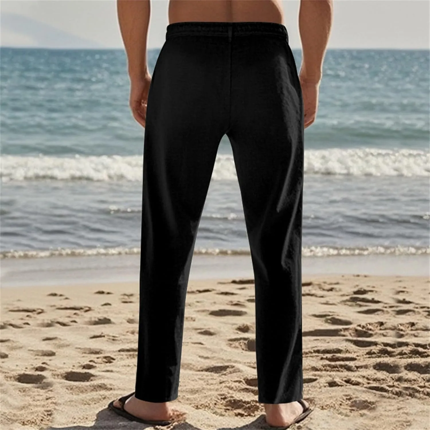 Mens Casual Linen Pants Lightweight Elastic Waist Vacation Yoga Pant Straight-Legs Beach Slacks Drawstring Trouser