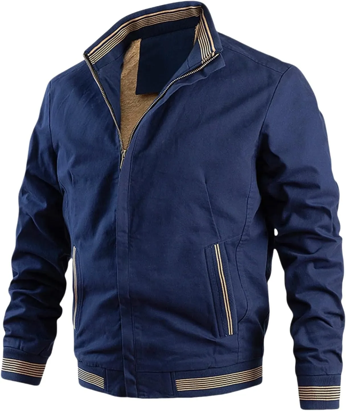 Men's Casual Thin Bomber Jackets Thick Fleece Lined Military Jackets Stand Collars Windbreaker Coats with Zip Pockets