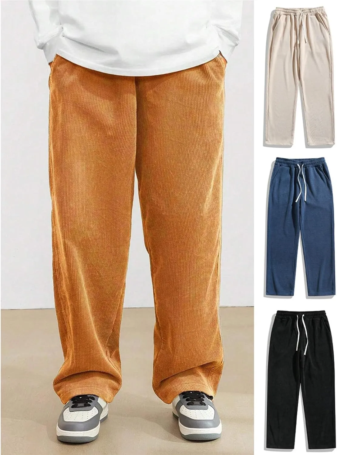 Mens Corduroy Cargo Pants Baggy Casual Straight Leg Sweatpants Drawstring Elastic Waist Relaxed Fit Pants with Pocket