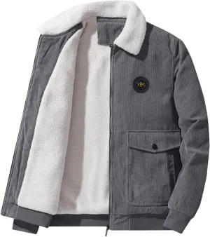 Mens Corduroy Lamb Wool Jacket Sherpa Fleece Lined Button Down Outwear Thick Casual Lapel Coat with Pockets for Fall Winter