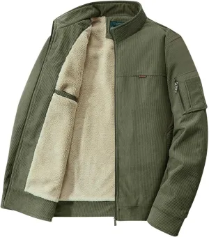 Men's Corduroy Sherpa Jacket Fleece Lined Long Sleeve Zip Up Jacket Winter Warm Solid Color Bomber Jacket Plus Size