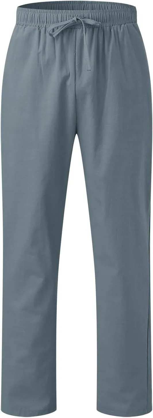 Men's Cotton Linen Pants Drawstring Elastic Waist Casual Joggers Slim-Fit Pants for Summer Beach Everyday Wear