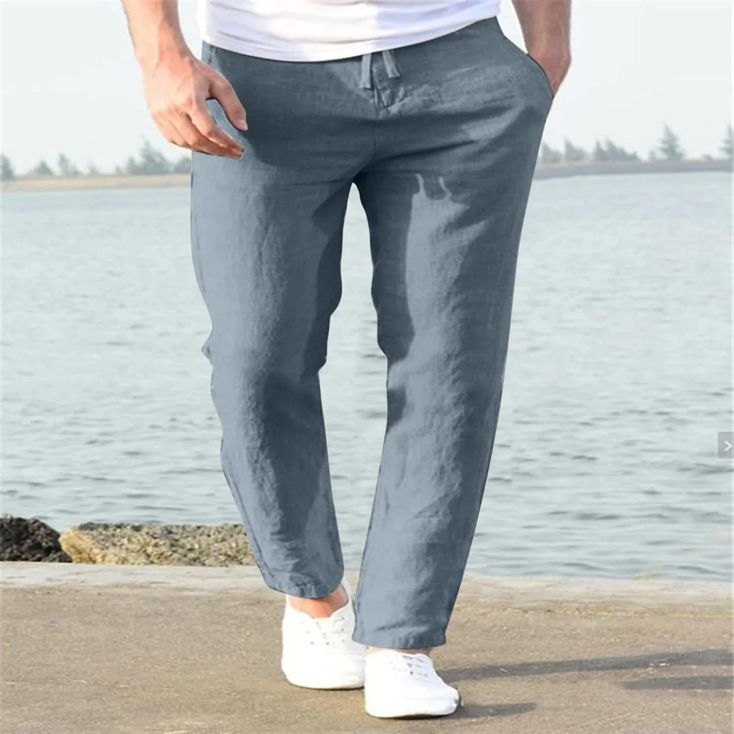 Men's Cotton Linen Pants Drawstring Elastic Waist Casual Joggers Slim-Fit Pants for Summer Beach Everyday Wear