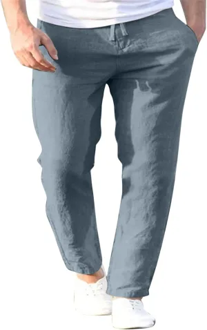 Men's Cotton Linen Pants Drawstring Elastic Waist Casual Joggers Slim-Fit Pants for Summer Beach Everyday Wear