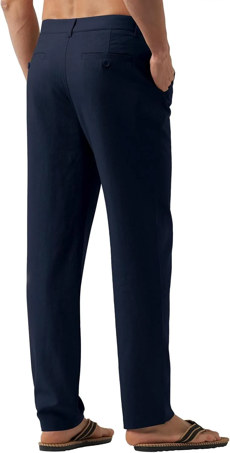 Men's Cotton Linen Trousers Flat Front Slim Fit Pants Solid Color Casual Business Pants Lightweight Stretchy Trousers