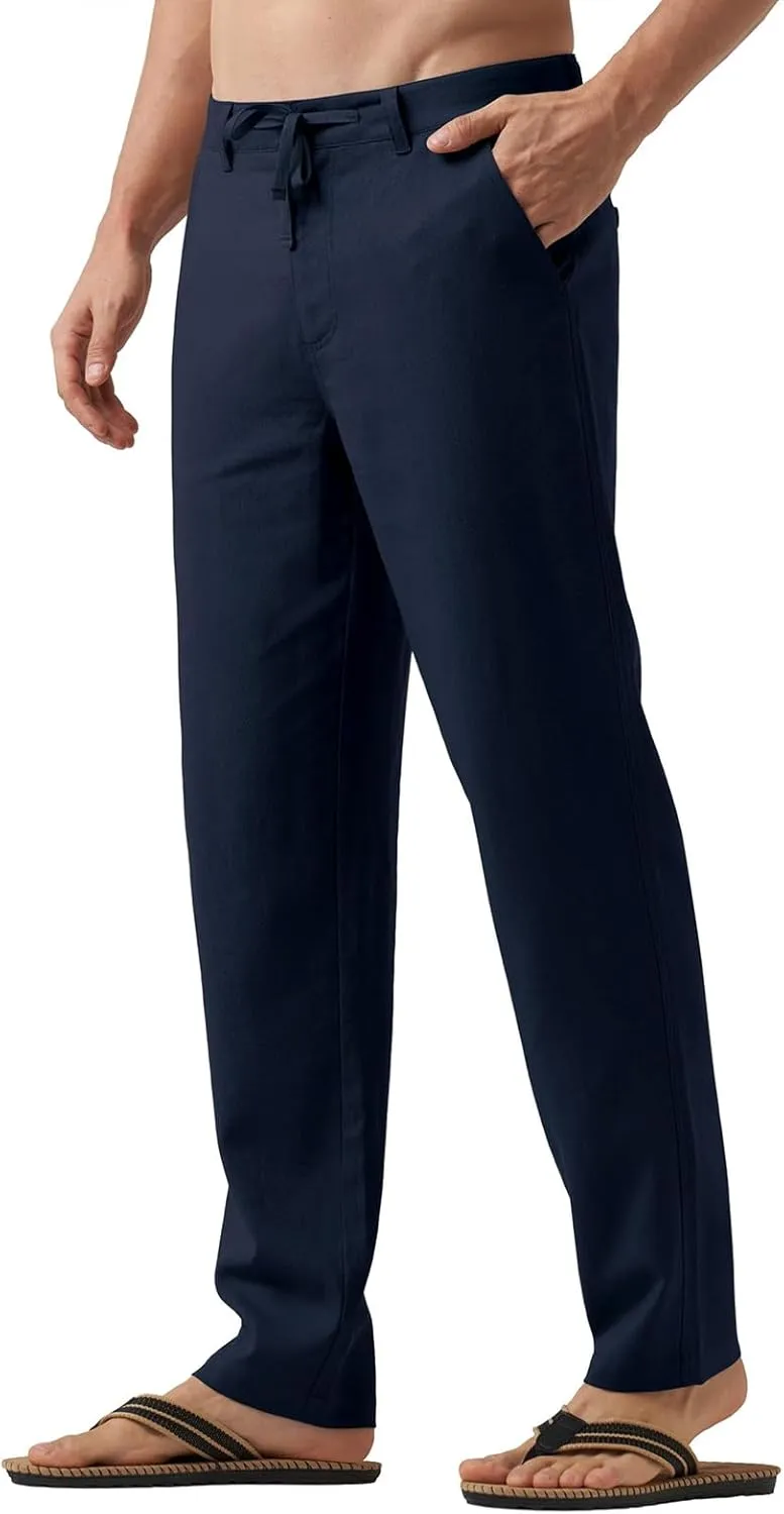 Men's Cotton Linen Trousers Flat Front Slim Fit Pants Solid Color Casual Business Pants Lightweight Stretchy Trousers