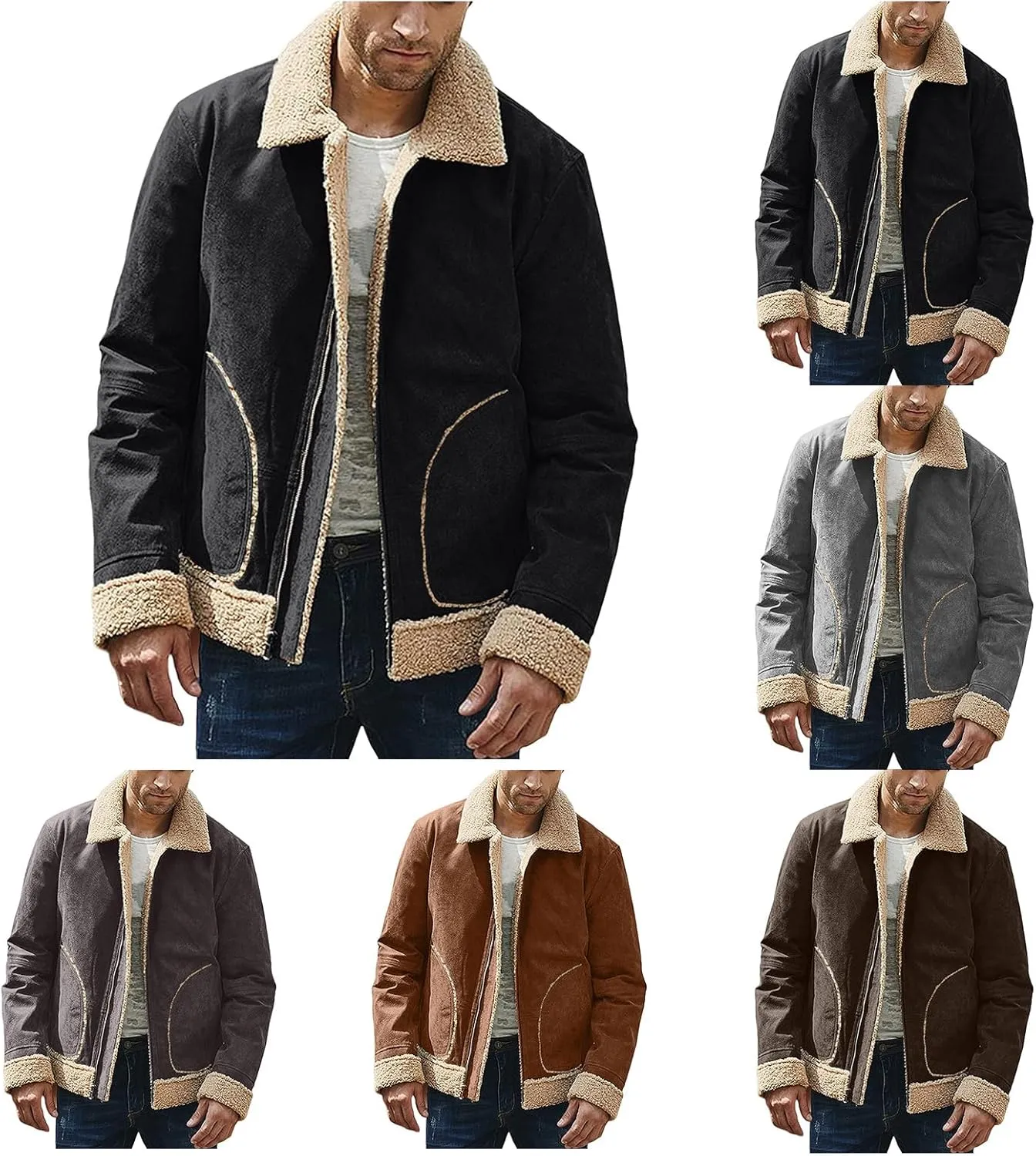 Mens Faux Leather Lamb Wool Bomber Coat Sherpa Fleece Lined Jackets Heavyweight Suede Faux Fur Trench Coat with Pockets