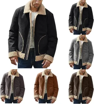 Mens Faux Leather Lamb Wool Bomber Coat Sherpa Fleece Lined Jackets Heavyweight Suede Faux Fur Trench Coat with Pockets