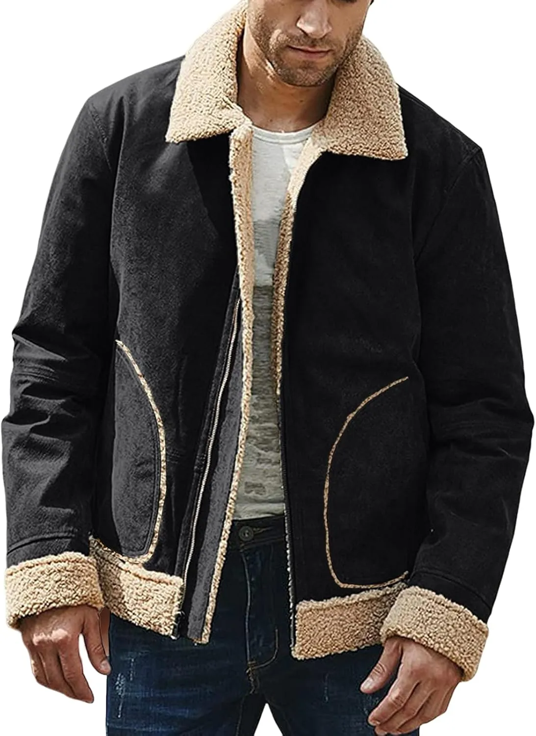 Mens Faux Leather Lamb Wool Bomber Coat Sherpa Fleece Lined Jackets Heavyweight Suede Faux Fur Trench Coat with Pockets