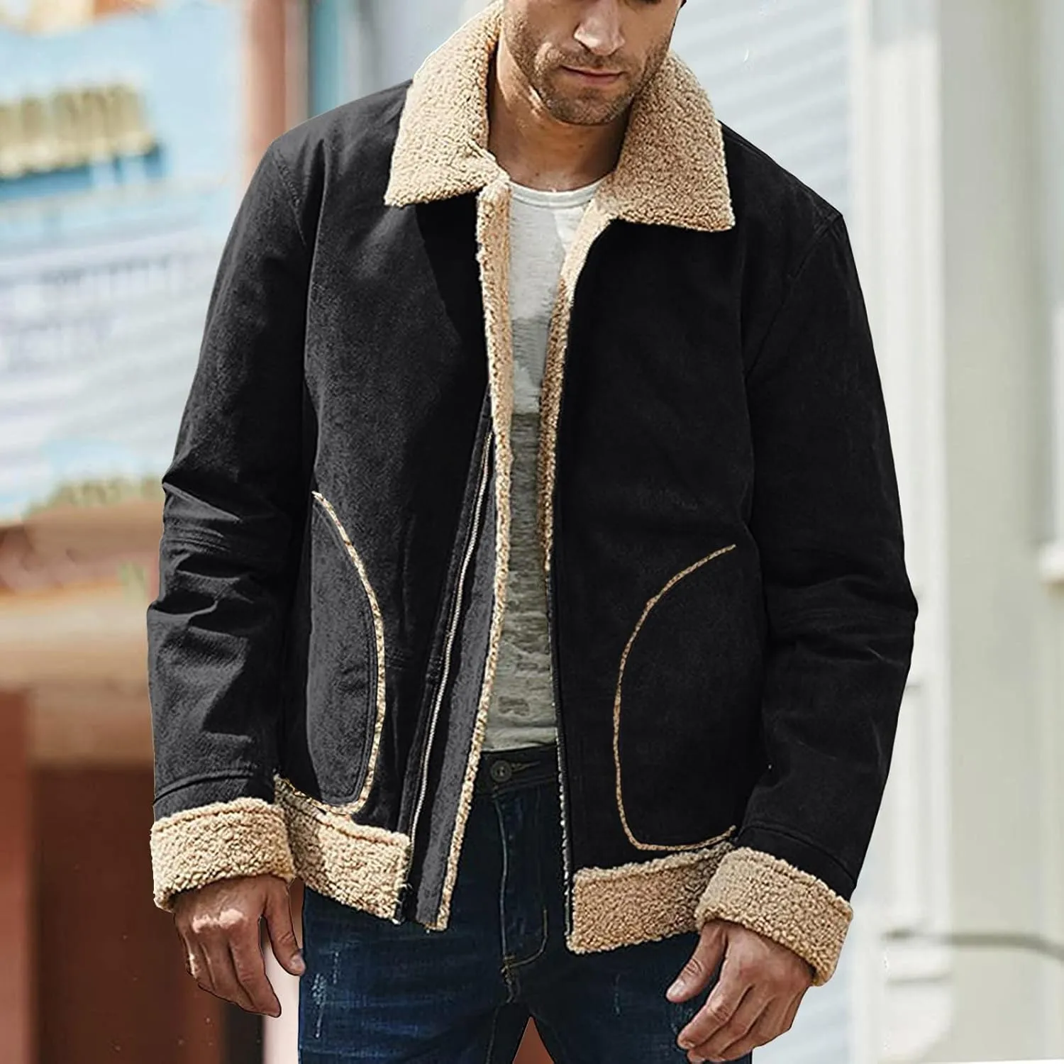 Mens Faux Leather Lamb Wool Bomber Coat Sherpa Fleece Lined Jackets Heavyweight Suede Faux Fur Trench Coat with Pockets