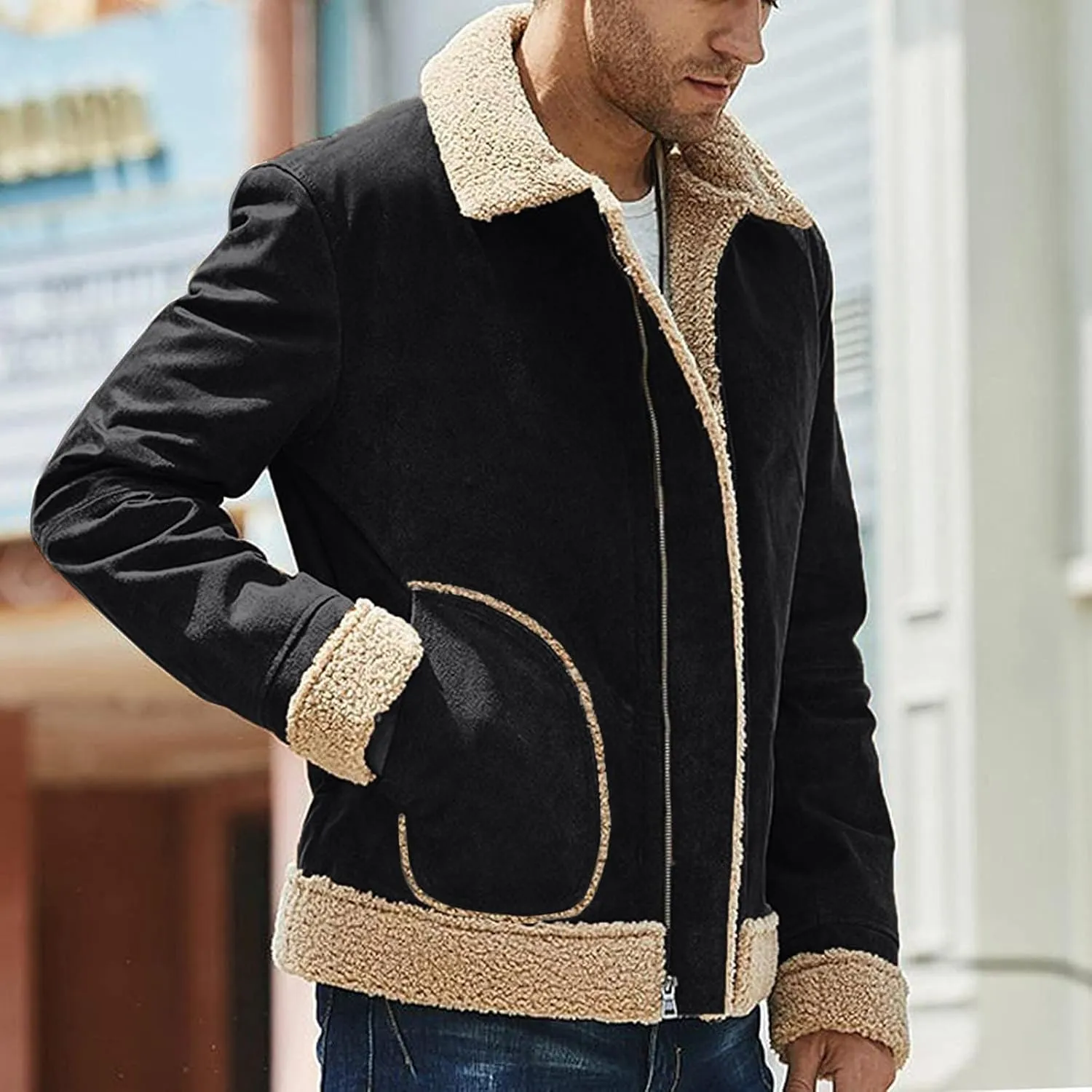 Mens Faux Leather Lamb Wool Bomber Coat Sherpa Fleece Lined Jackets Heavyweight Suede Faux Fur Trench Coat with Pockets