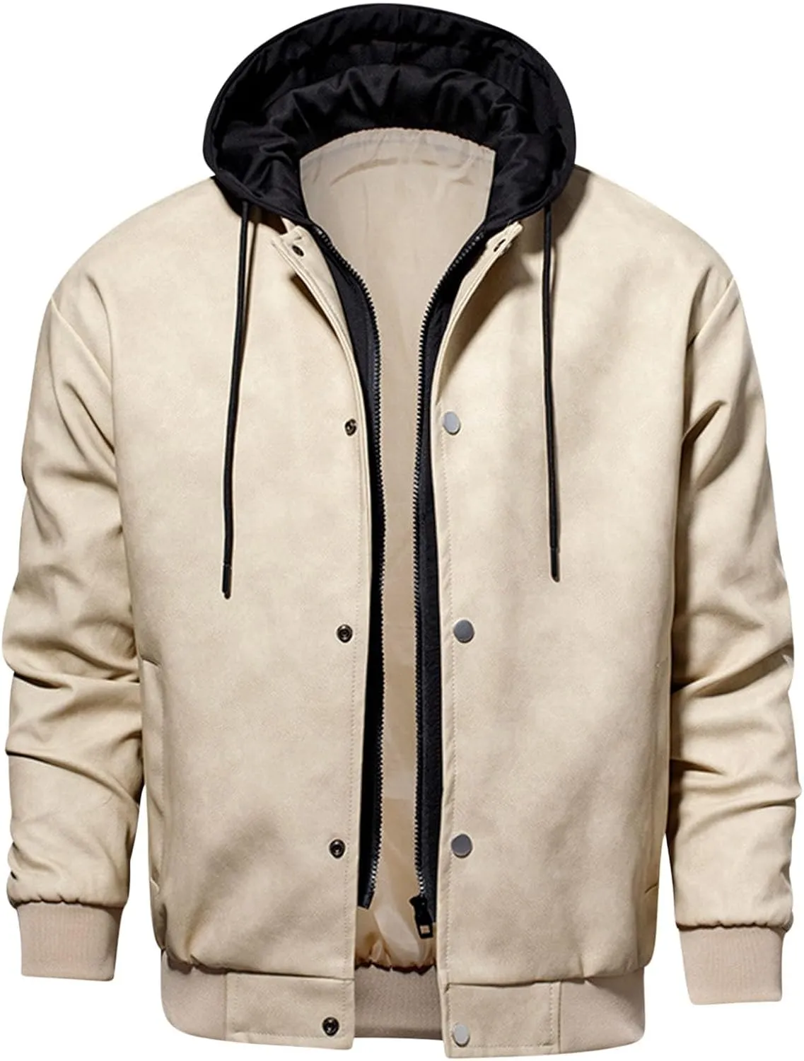 Men's Faux Leather Motorcycle Jacket Waterproof Windproof PU Moto Vintage Bomber Hoodie Zip Up Button Hooded Coats