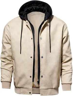 Men's Faux Leather Motorcycle Jacket Waterproof Windproof PU Moto Vintage Bomber Hoodie Zip Up Button Hooded Coats