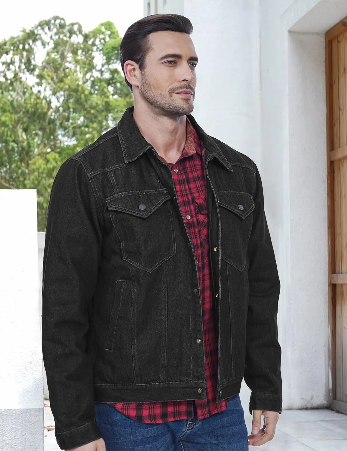 Men's Flannel Lined Denim Jackets Cowboy Cut Western Vintage Rugged Jean Trucker Jacket with Pockets