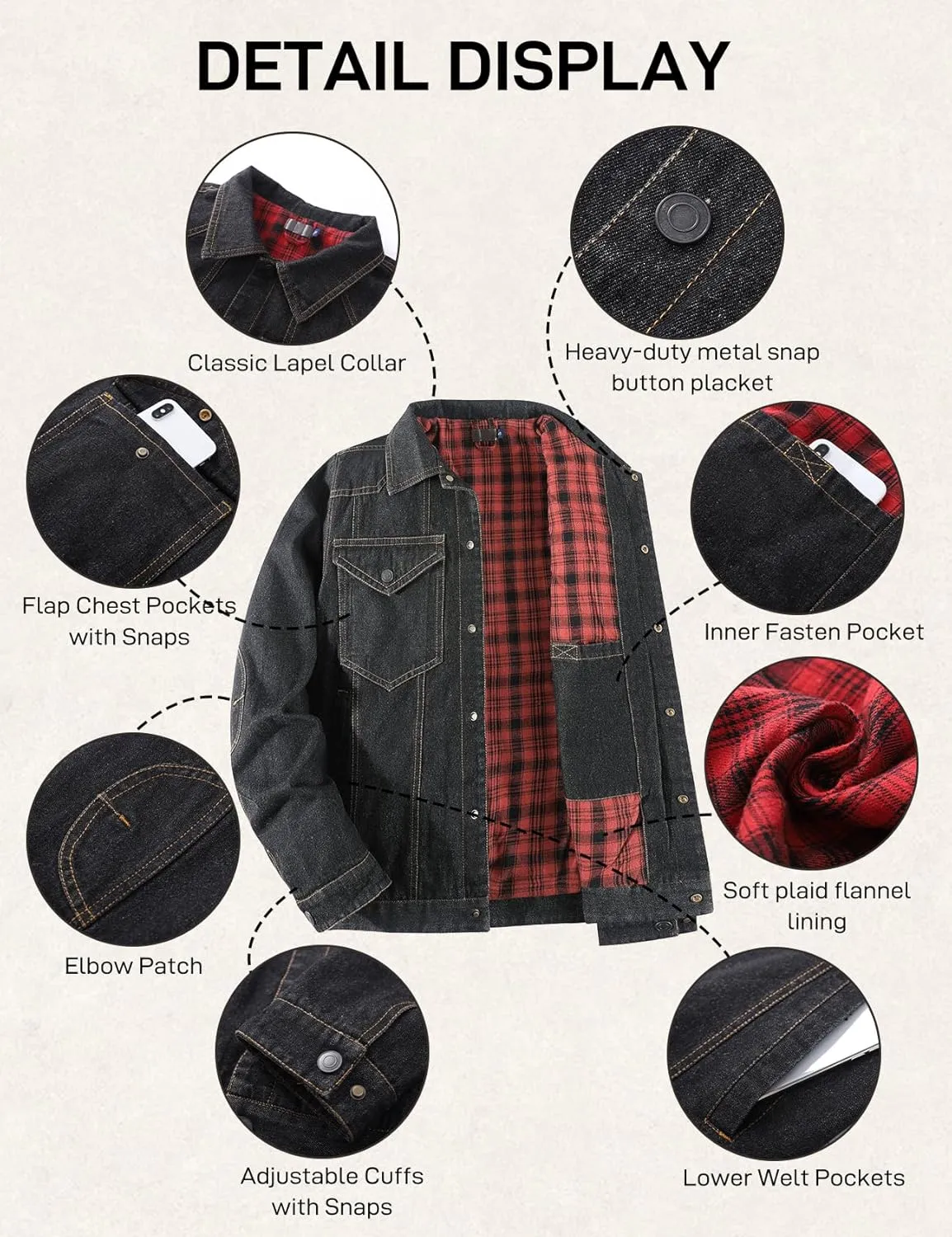 Men's Flannel Lined Denim Jackets Cowboy Cut Western Vintage Rugged Jean Trucker Jacket with Pockets