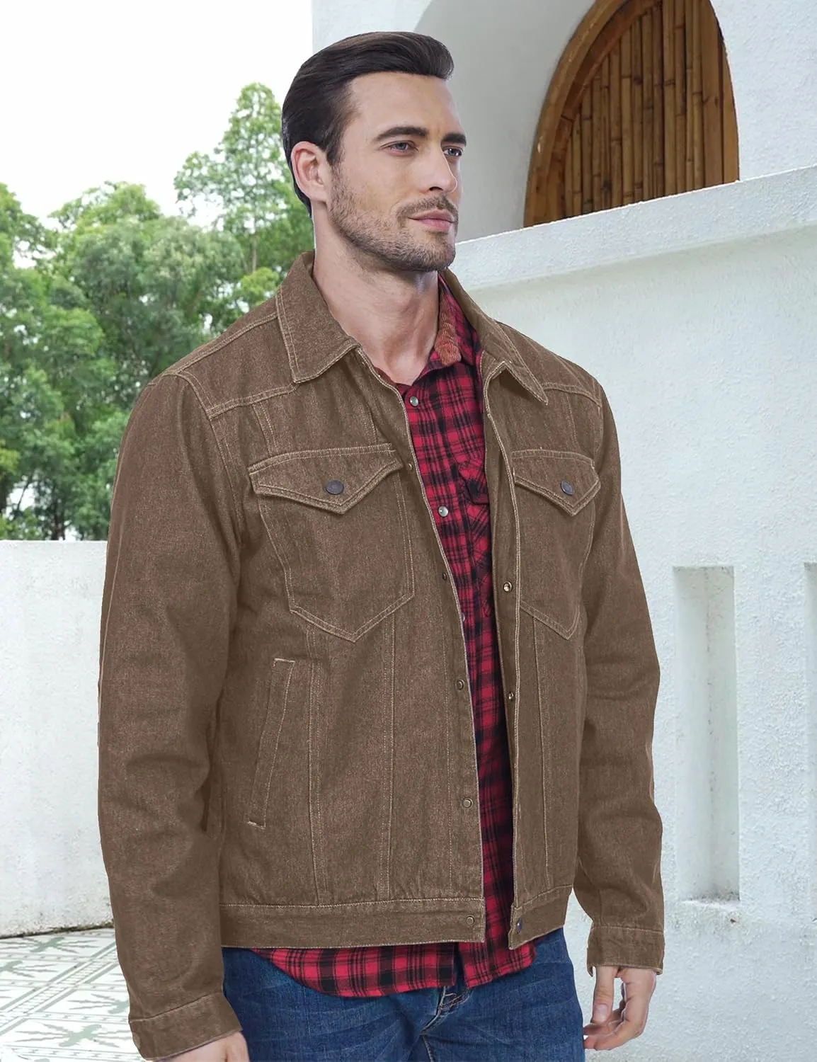 Men's Flannel Lined Denim Jackets Cowboy Cut Western Vintage Rugged Jean Trucker Jacket with Pockets