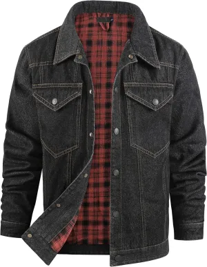 Men's Flannel Lined Denim Jackets Cowboy Cut Western Vintage Rugged Jean Trucker Jacket with Pockets