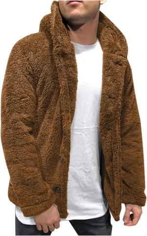 Mens Fleece Cotton Coat Solid Color Hooded Jacket Wool Lined Overshirt Single Breasted Peacoat Trend