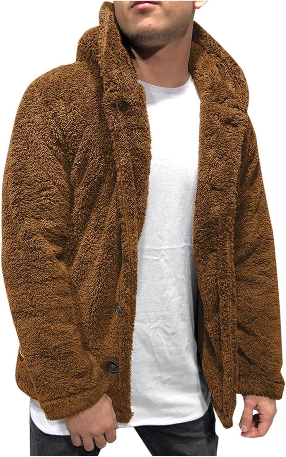 Mens Fleece Cotton Coat Solid Color Hooded Jacket Wool Lined Overshirt Single Breasted Peacoat Trend