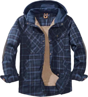 Mens Lightweight Checkered Shirt Jacket Hooded Wool Lined Coat Warm Stylish Outerwear with Pockets for Winter