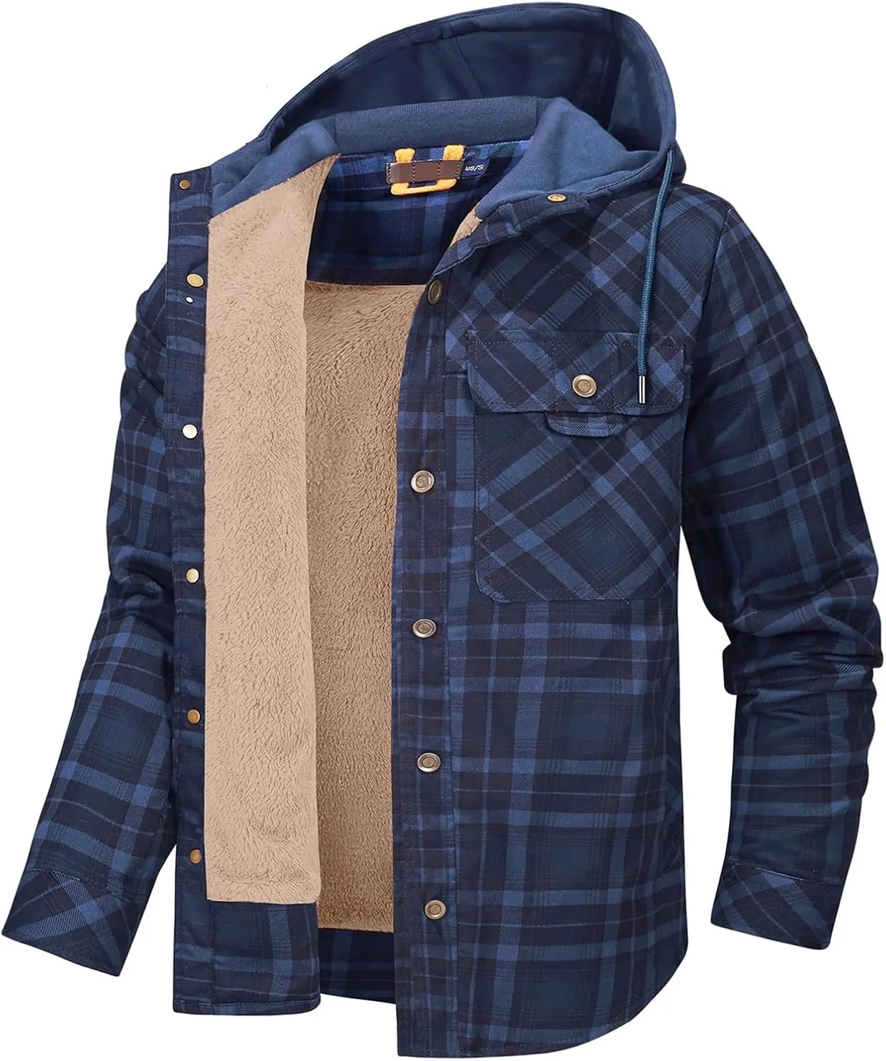 Mens Lightweight Checkered Shirt Jacket Hooded Wool Lined Coat Warm Stylish Outerwear with Pockets for Winter