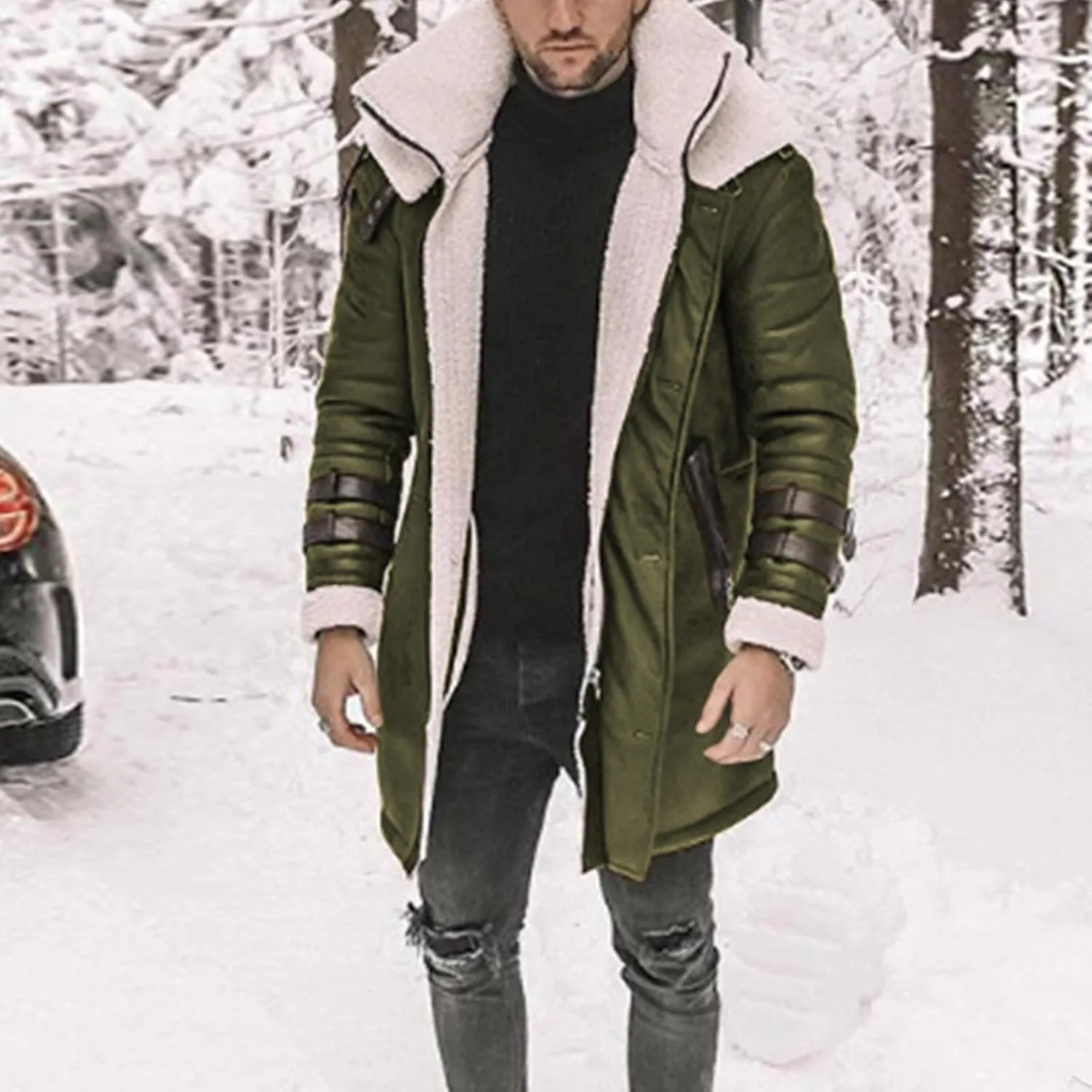 Mens Long Pea Sherpa Lined Trench Jacket Fleece Shearling Lining Heavyweight Suede Leather for Hunting Trucking